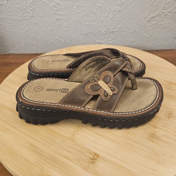 Y2K SmartFit Chunky Brown Leather Sandals Youth Women's Size 1 Butterfly - Picture 3 of 11